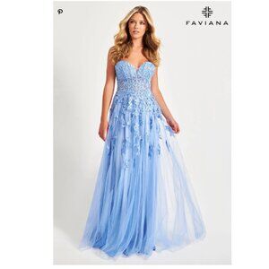 Cloud Blue Long Tulle Prom Dress With Corset Bodice And Lace Applique Size 0